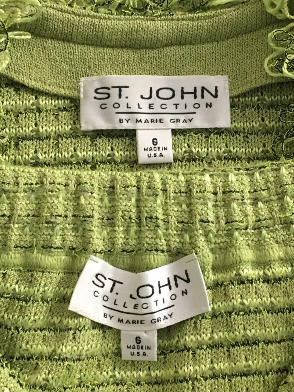 BEAUTIFUL St John collection knit green fringe multi jacket skirt suit size 6